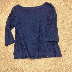 Navy blue lace top with 3/4 length sleeves.